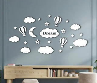 استیکر چوبی اتاق کودک طرح ابر و بالون و ستاره